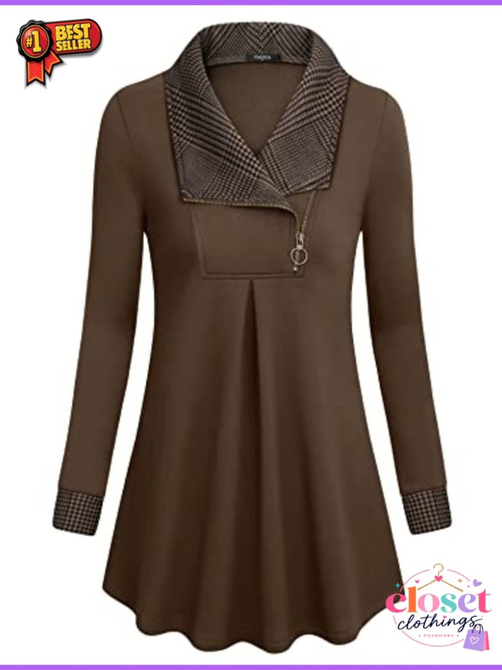 Women's Zip Up Tunic Sweatshirt A-Line Pleated Long Sleeve Loose Fit Pullover